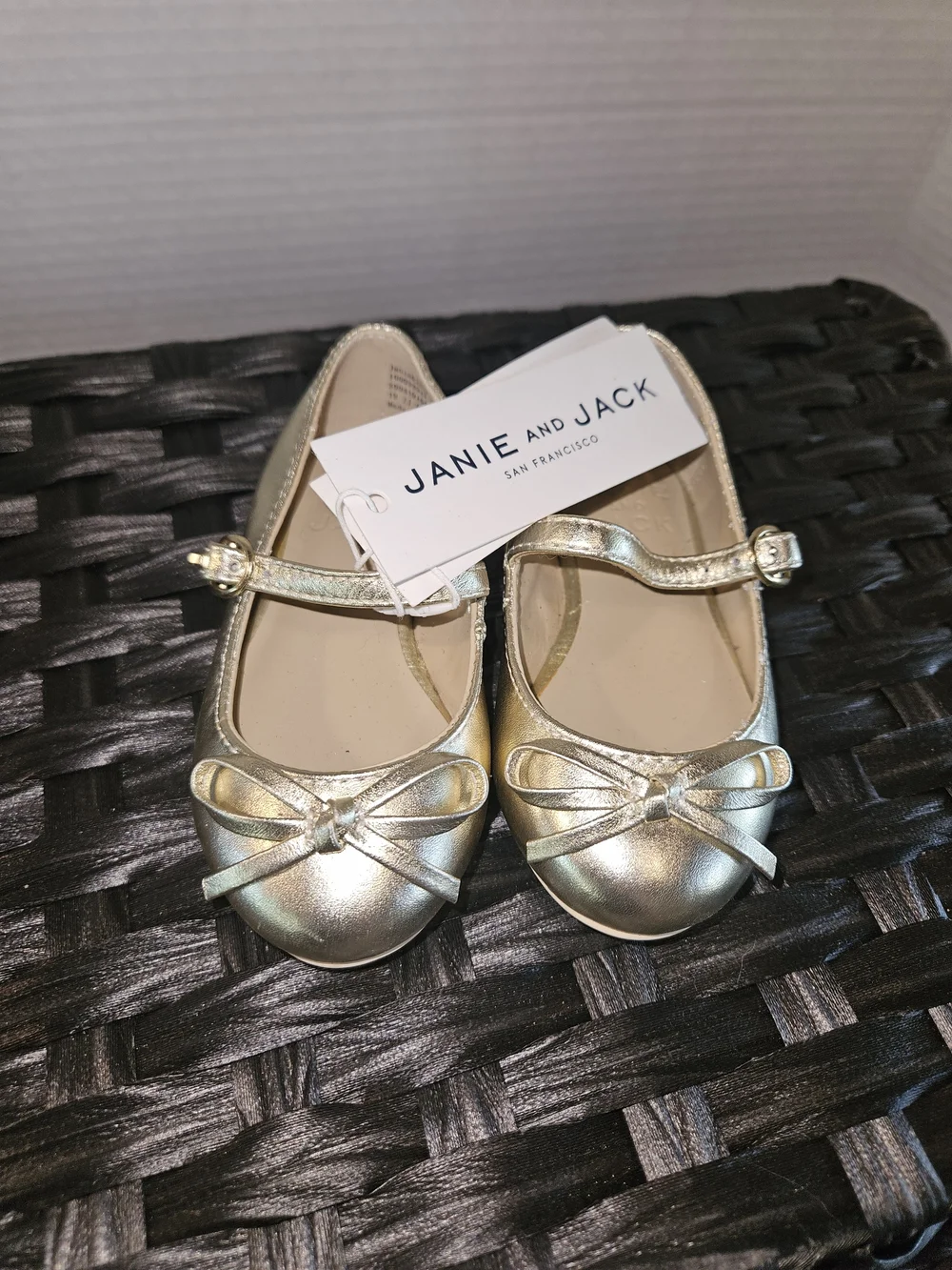 Janie and Jack Girls Metallic Gold Mary Jane Shoes with Bow Accent